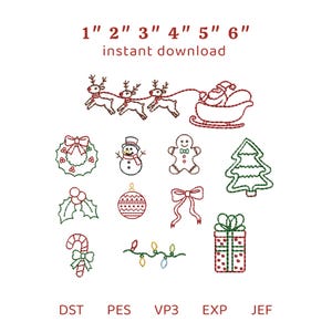 Pode incluir: Um conjunto de bordados digitais com ícones de Natal: Pai Natal num trenó com renas, coroa, boneco de neve, boneco de gengibre, árvore, azevinho, ornamento, laço, bengala doce, luzes e presente. Texto: 1" 2" 3" 4" 5" 6" instant download, DST, PES, VP3, EXP, JEF.