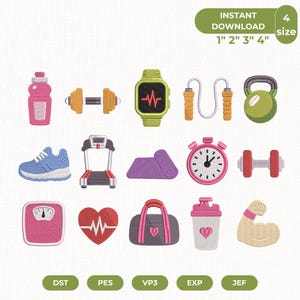 Fitness Embroidery Bundle, Gym Embroidery Design, Workout Embroidery Files, Exercise Icons Embroidery, Gym Girl Embroidery, Instant Download