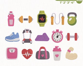 Fitness Embroidery Bundle, Gym Embroidery Design, Workout Embroidery Files, Exercise Icons Embroidery, Gym Girl Embroidery, Instant Download