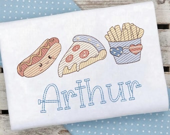 Trío de comida: perrito caliente, pizza, patatas fritas, diseño de bordado del 4 de julio, puntada de relleno de boceto (descarga digital)
