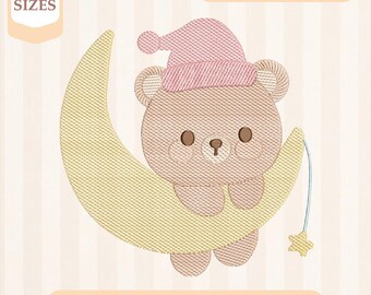 Disegno per ricamo "Sweet Dreams Bear Sketch", riempimento leggero, punto veloce, disegno per ricamo a macchina, ricamo 4x4 5x7, download immediato