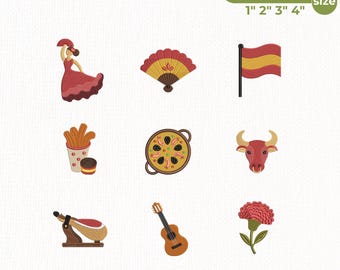 Spanish Embroidery Design Bundle, Flamenco Dancer Paella Guitar Bull Flag Icons, Spain Travel Machine Embroidery Files, Instant Download