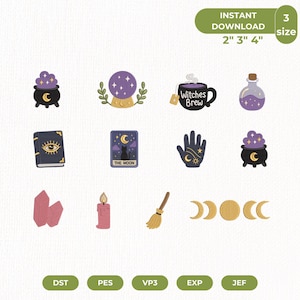 Häxbroderidesignpaket, kristallkula månfasdryckikoner, häxor brygger Halloween maskinbroderifiler, omedelbar nedladdning