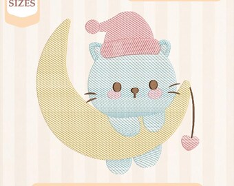 Disegno per ricamo "Sweet Dreams Cat Sketch", riempimento leggero, punto rapido, disegno per ricamo a macchina, ricamo 4x4 5x7, download immediato