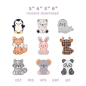 Puede incluir: Una colección digital de nueve diseños de bordado de animales que incluye un pingüino, oso, foca, zorro, conejo, ciervo, mapache, koala y panda. El texto 3" 4" 5" 6" instant download y los formatos de archivo DST, PES, VP3, EXP, JEF son visibles.