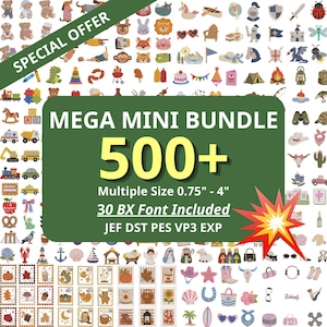 Op de afbeelding: Een digitale collectie van meer dan 500 borduurontwerpen met dieren, natuur en vakantie-iconen. De centrale groene afbeelding toont de tekst MEGA MINI BUNDLE 500+ Multiple Size 1,9cm - 10,2cm 30 BX Font Included JEF DST PES VP3 EXP.