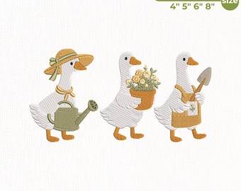 Gardening Goose Embroidery Design, Cute Goose Flower Pot Watering Can Farmhouse Cottagecore Pattern Pes Dst Jef Vp3, Instant Download