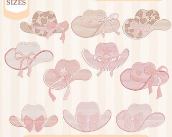 Broderipaket med skiss av cowgirlhatt och rosett, lätt fyllning, snabbstygn, maskinbroderidesign, 4x4 5x7 broderi, direktnedladdning