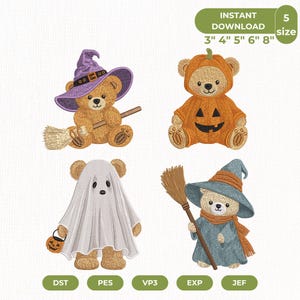 Paquete de diseños de bordado de ositos de peluche de Halloween, oso bruja, oso fantasma, oso calabaza, lindos archivos de bordado a máquina de otoño, descarga instantánea