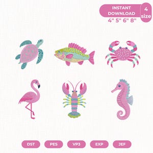 May include: A digital embroidery design set featuring six marine and avian creatures: a pink and teal sea turtle, a multi-colored fish, a pink crab, a pink flamingo, a pink and blue lobster, and a pink seahorse. Text reads: INSTANT DOWNLOAD 4" 5" 6" 8".
