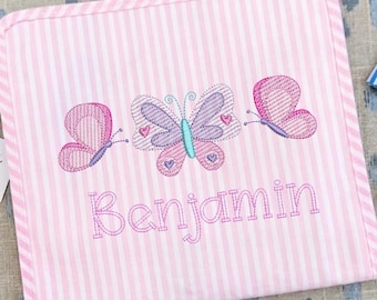 Diseño de bordado Trío de mariposas en el jardín, patrón de bordado a máquina de insectos de verano, relleno de boceto, Pes Dst Jef Vp3