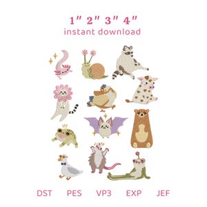 May include: A digital embroidery design set featuring twelve animal illustrations including an axolotl, snail, raccoon, lion, bird, cow, frog, bat, bear, duck, opossum, and a creature with a flower. Text reads 1" 2" 3" 4" instant download DST PES VP3 EXP JEF.