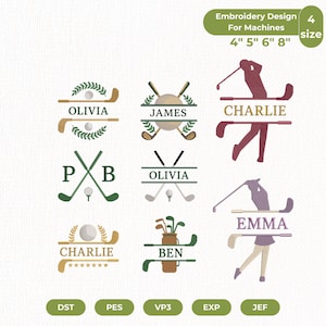 Op de afbeelding: Een borduurontwerp met golfthema. De afbeelding toont verschillende ontwerpen met namen als Olivia, James en Charlie, samen met golfclubs, ballen en silhouetten van spelers. Het ontwerp is verkrijgbaar in 4 maten: 10 cm, 13 cm, 15 cm en 20 cm.