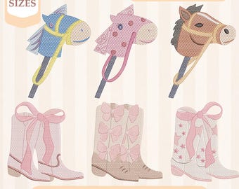 Broderipaket med skissar av stövlar och käpphästar, lätt fyllning, snabbstygn, maskinbroderidesign, 4x4 5x7 broderi, direktnedladdning