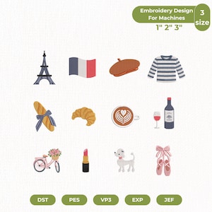 Könnte beinhalten: Stickmuster für Maschinen mit französischen Motiven. Enthält den Eiffelturm, die französische Flagge, Baskenmütze, gestreifter Pullover, Baguette, Croissant, Kaffee, Wein, Fahrrad, Lippenstift, Pudel und Ballettschuhe. Größen: 2.5cm, 5cm, 7.6cm.