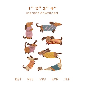 Op de afbeelding: Een borduurontwerpset met zeven bruine teckels in verschillende truien en een kleine egel. De tekst luidt 1" 2" 3" 4" instant download, met de bestandsformaten DST, PES, VP3, EXP en JEF onderaan de afbeelding vermeld.