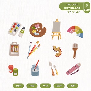 May include: An embroidery design set featuring art supplies including a watercolor palette, paint tube, wooden palette, easel, color wheel, crayons, brushes, pencil shavings, paint brush, paint jars, water cup, palette knives, and a tube case.