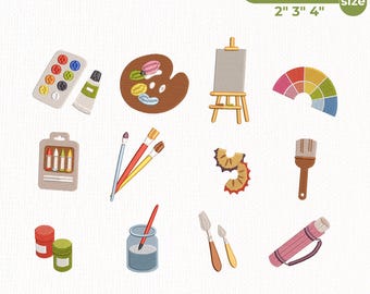 Artist Art Supplies Embroidery Design Bundle, Paint Palette Easel Machine Embroidery Pattern, Paint Brush Color Wheel, Instant Download