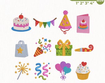 Birthday Embroidery Designs Bundle, Party Mini Icons, Celebration Machine Embroidery Files PES DST JEF VP3, Instant Download