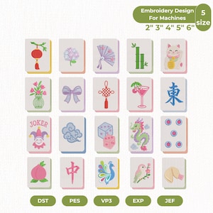 May include: A digital collection of twenty embroidery designs featuring mahjong tile motifs, including a red lantern, hydrangea, fan, bamboo, lucky cat, flowers, bow, knot, cocktail, Chinese character, joker, clouds, dice, dragon, dots, peach, character, peacock, bird, and fortune cookie.