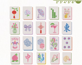 Mahjong Embroidery Design Bundle, Mahjong Tile Machine Embroidery, Chinese Game Embroidery, Lucky Cat Dragon Fan, Instant Download