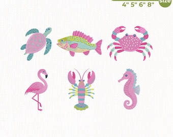 Preppy Coastal Summer Embroidery Design Bundle, Beach Life Files, Turtle Flamingo Seahorse Fish, Ocean Machine Embroidery, Instant Download