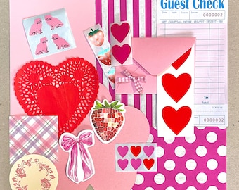 pink & red junk journal ephemera | valentine scrapbook craft kit | love heart stickers + collage pack