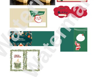May include: A collection of Christmas-themed cards and decorations. The cards feature festive designs, including a Christmas tree, Santa Claus, and holiday greetings. Gold-colored decorative elements are also present.