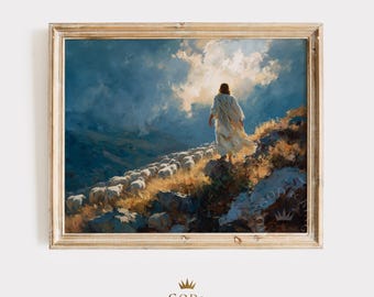 Impression d'art chrétienne de Jésus le Bon Pasteur | Tableau Jésus berger | Art mural biblique en téléchargement numérique | 23