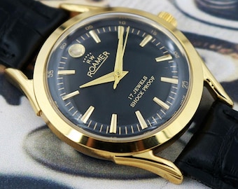 Vintage Roamer Men’s Watch Swiss Made Hand-Winding Black Dial Curved Lugs 17 Jewels - 230-11