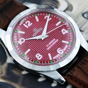 Vintage Roamer herrklocka, schweizisk tillverkad, handuppdragen, röd retro-urtavla, 17 juveler - 370-10