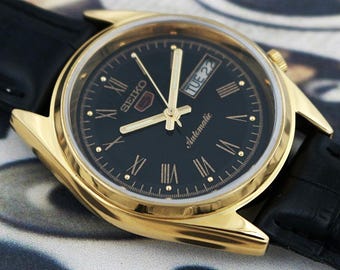 Vintage Seiko 5 Automatic Men’s Watch Black Roman Dial Exhibition Back Refurbished Japan - 100-07