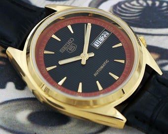 Vintage Refurbished Seiko 5 Automatic Men’s Watch Black Dial Gold Plated Exhibition Back - 410-10