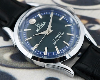 Vintage Roamer Men’s Watch Swiss Made Hand-Winding Blue Dial Curved Lugs 17 Jewels - 240-03