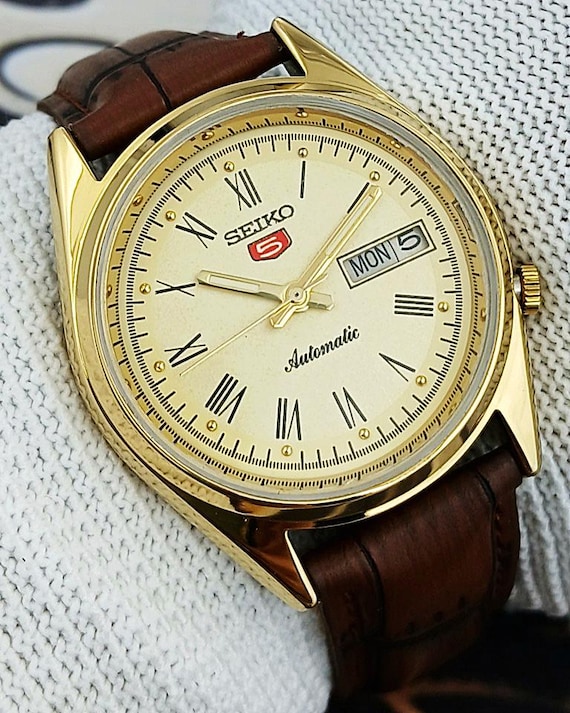 Vintage Refurbished Seiko 5 Automatic Japan Mens Wrist Watch Yellow Roman Dial Exhibition Back Gold Plated Case Gift for men for him 100-02
