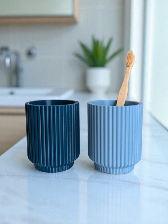 Ribbed Toothbrush Cup Set, Modern Bathroom Organizer, Minimal Vanity Decor