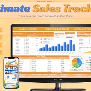 Puede incluir: Un rastreador de ventas digital que se muestra en un monitor de computadora y un teléfono inteligente. El monitor muestra una hoja de cálculo con datos de ingresos y ganancias, mientras que el teléfono muestra un gráfico. El texto "Ultimate Sales Tracker" es prominente.