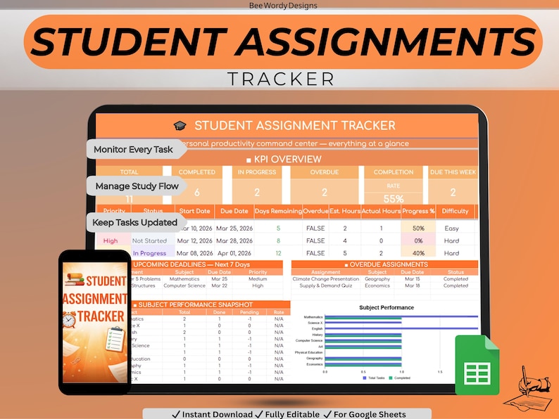 Assignment Tracker Spreadsheet | Student Planner & Homework Tracker ...