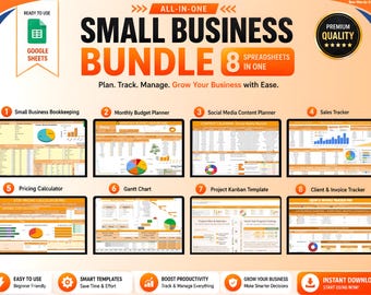 Small Business Bundle Google Sheets | 8-in-1 Spreadsheet Bundle | Bookkeeping Sales Tracker and Planner