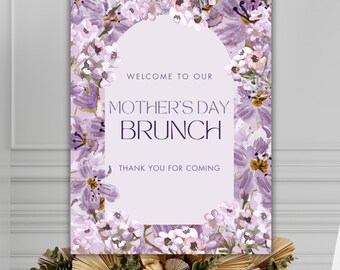 Mother’s Day Brunch Welcome Sign Printable, Purple Floral Welcome Poster, Editable Brunch Decor, Mom Celebration Sign, Instant Download