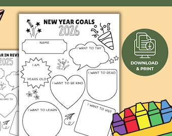 2026 New Year's Resolution Printable for Kids - Year in Review - Goals for Year | Coloring Worksheet | Kids Activity Page - Instant Download