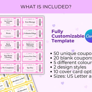 May include: Pink and yellow coupon templates with phrases like "Ice Cream Date" and "Foot Massage." The image includes the text "Fully Customizable Canva Template" and details about the coupons, including sizes US Letter and A4.