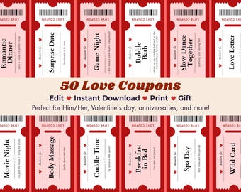 50 Editable Printable Love Coupons for Couples, Date Night Voucher Template, Anniversary or Birthday Gift for Him or Her