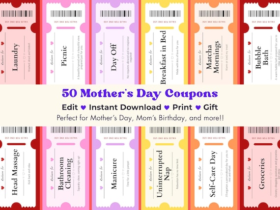 Mother’s Day Coupon Book Printable, Gift for Mom from Kids, 50 Coupons, Editable DIY Gift, Instant Download