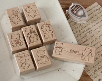 Juego de sellos de madera con diseño de oso vintage, sellos de goma con ilustraciones dibujadas a mano, artículos para diario.