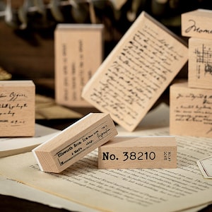 English Wood Stamp – 8 Themed Stamps for Journaling: Blank Grid, Numbers, Love Notes & More