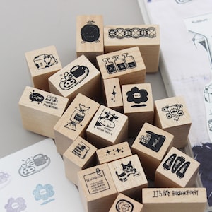 Mini Wooden Stamps Set - Daily Objects & Food Theme - DIY Scrapbooking Supplies, Bullet Journal Accessories, Cute Craft Gift for Her