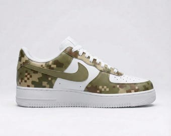 Custom Hand-Painted Nike Air Force 1 Shoes | Pixel Camo Sneakers | Unique Streetwear Footwear