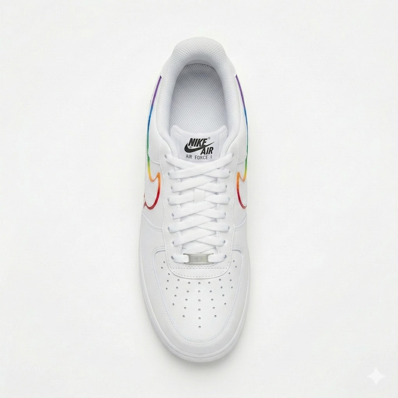 以下が含まれることがあります： 虹色のアクセントが施された、白いナイキエアフォース1スニーカー。スウッシュとヒールに虹色のディテールがあります。タンにはナイキエアのロゴ、シューレースにはシルバーのタグが付いています。この靴は革製で、クラシックなデザインです。