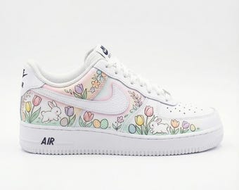Hand-Painted Air Force 1 Sneakers – Easter Bunnies, Kawaii Tulips Custom Hand Painted AF1